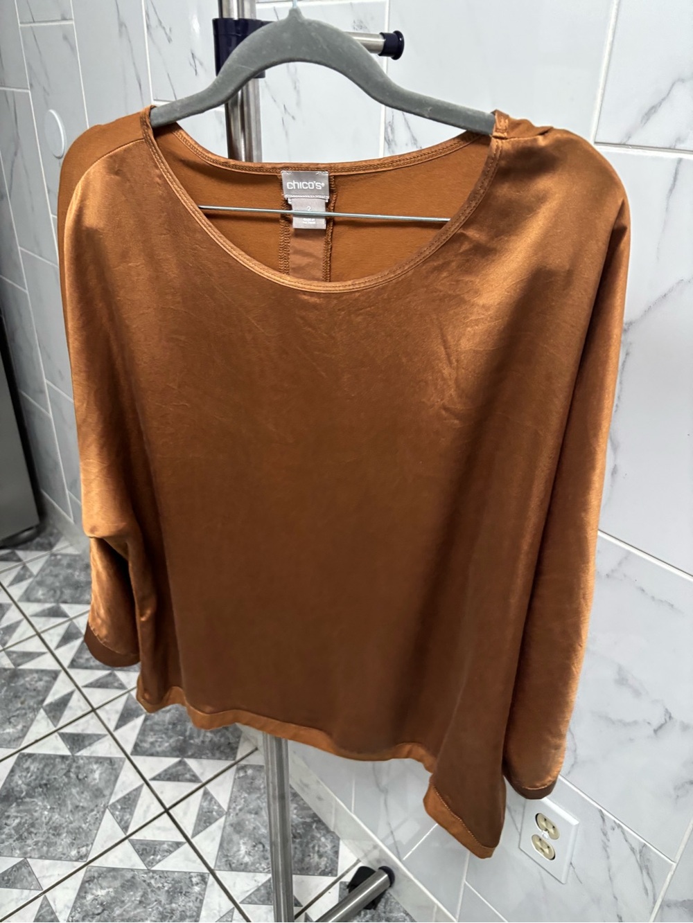 Chico's Satin-Look Long Sleeve Top in Rust Brown